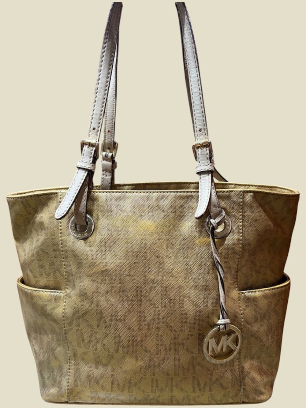 MICHAEL KORS JET SET TRAVEL SIGNATURE METALLIC GOLD TOTE - EUC